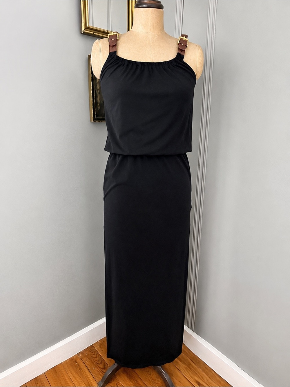 Michael Kors Black Maxi Dress with Elastic Waist & Leather Buckle Straps